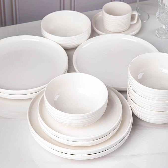 White Salad Plates Set of 6, 8 Inch Small Ceramic Ribbed Texture Dinner Plates, Kitchen Serving Dishes for Appetizer, Dessert, Microwave & Dishwasher Safe, Scratch Resistant