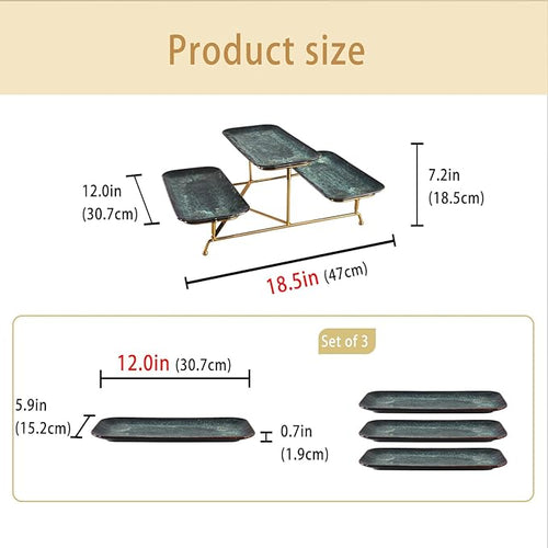 3 Tier Serving Trays for Party, 12 Inch Porcelain Serving Platters and Tiered Trays, Foldable Sturdy Gold Stand, for Food Display, Fruit, Cake Dessert, Decoration Entertaining, Black