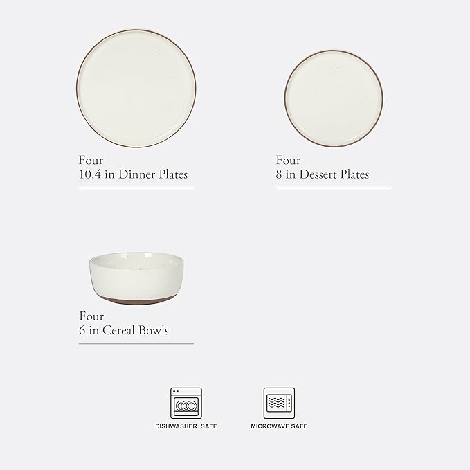 Gibson Elite Northrock Stoneware Dinnerware Set, 12-Piece Service for 4 Plates and Bowls Set – White Dishes with Hand-Painted Terracotta Base