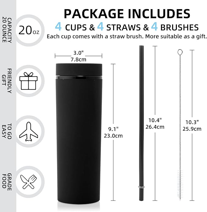 Volhoply 20oz Plastic Skinny Tumblers Bulk 4 Pack,Double Wall Tumbler with Lid and Straw,Reusable Travel Iced Coffee Mug,BPA Free Matte Acrylic Water Cups With Straw for Party,DIY Gifts(Black,4 Set)