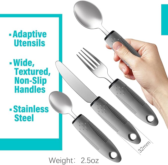 Adaptive Utensils 4pcs For Hand Tremors,Elderly, Arthritis,Parkinsons-Built Up Utensils For Adults 2.5oz Each, Silverware Set With Handle, Flatware Cutlery Set For Seniors