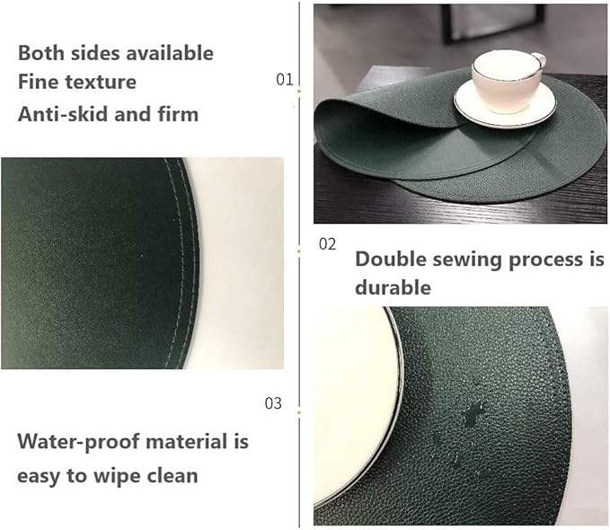Set of 6 Faux Leather Round Placemats and Coasters, Disko Table Mats and Drink Spills Coasters, Easy to Clean, Double Stitched for Kitchen Dining Table, Diameter 13'' and 3.9''