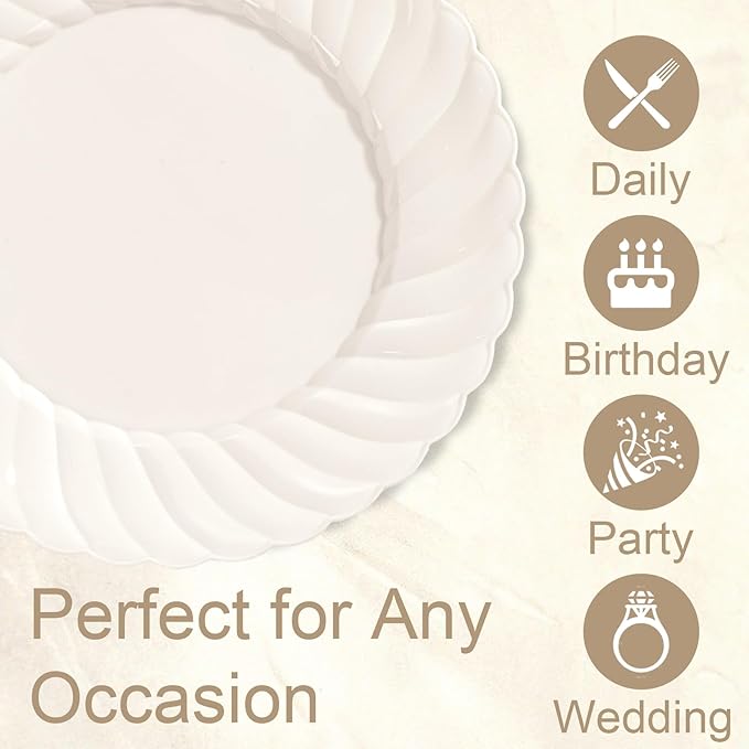 U-QE 100 Count 6 Inch Ivory Plastic Plates - Scalloped Dessert Plates Disposable - Premium Fancy Disposable Heavy Duty Party Supplies for Valentine's Day, Celebrations, Weddings and Events
