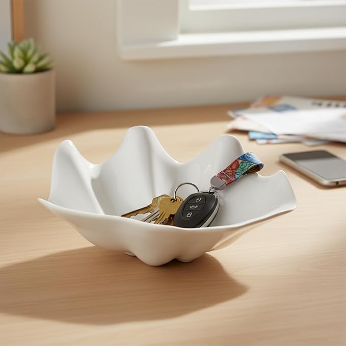 Coastal White Shell Serving Bowl – 20 oz Medium Plastic Dishes for Snacks, Candy, Nuts, Dips, Jewelry, Keys, Soap – Kitchen, Tabletop, Parties & Beach-Themed Decor (2 Pack)