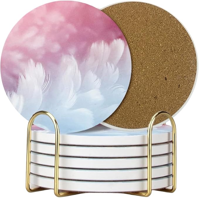 Ceramic Coasters Set of 6, Marble-Textured Design with Holder - Absorbent Cork-Backed Coasters for Cups, Bar & Coffee Table Decor Accessories (White Plume, 6 Pack)