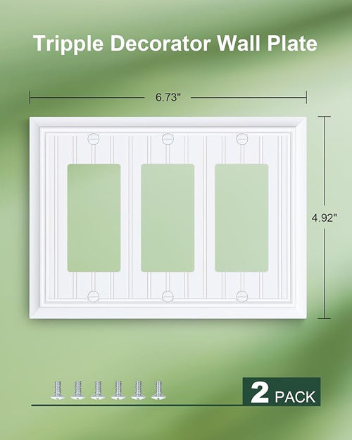2-Pack Classic Beadboard Decorative Tripple Decorator Outlet Cover Plate, Durable Natural Bamboo Fiber Pure White Wall Plates for Electrical Outlets, Receptacle, GFCI Outlet, Dimmer Switch, 3-Gang