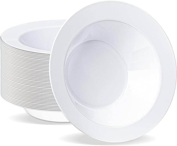 BESTVIP 50Pcs Plastic White Bowls, 12 Oz Disposable Bowls Disposable Bowls for Parties, Wedding, Christmas, Soak Proof Bowls for Breakfast, Lunch, and Dinner Meals