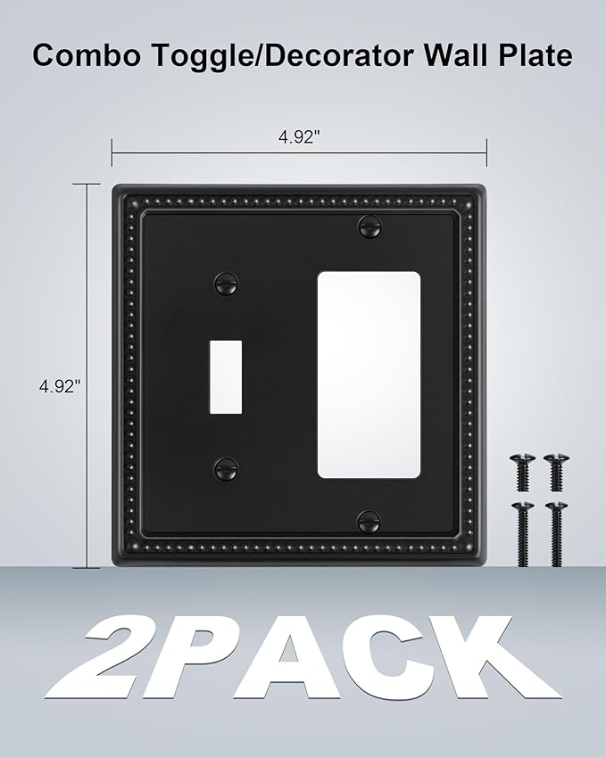2-Pack Combo Toggle/Decorator Light Switch Cover Plate, Pearls Decorative Electrical Outlet Covers, Metal Wall Switch Plates and Outlet Covers, Black