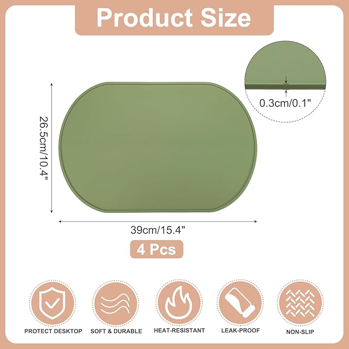 uxcell 4 Pcs Oval Silicone Placemat, 15.4" x 10.4" Non-Slip Washable Table Placemats Heat Resistant Waterproof Mat with High Edge for Table Kitchen Desk Protection, Green