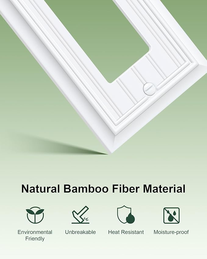 6-Pack Classic Beadboard Decorator Wall Plate Cover, Pure White Decorative Switch Plates and Outlet Covers, Durable Natural Bamboo Fiber Wall Plates for Electrical Outlets, Receptacle, GFCI Outlet