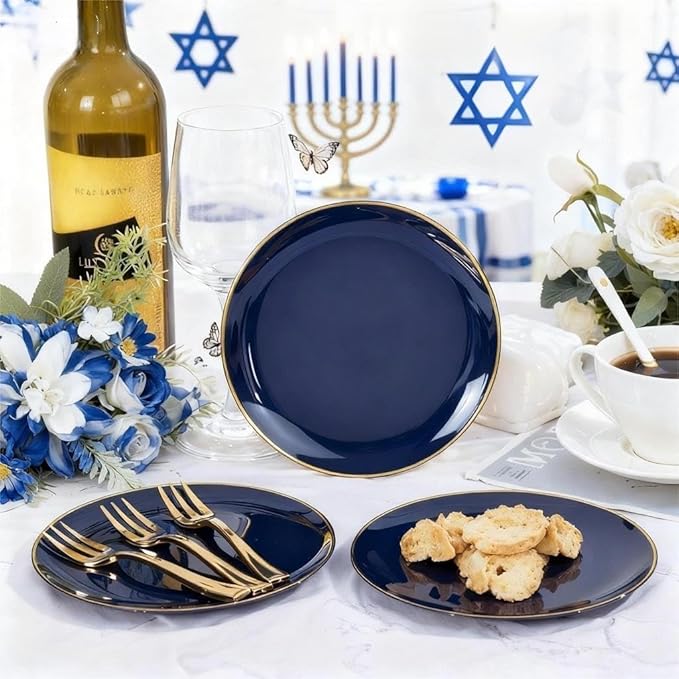 Festiva 200Pcs Navy Blue Gold Dessert Plates 6.3" with Plastic Forks 5"- Small Disposable Plates- Dessert/Cake/Appetizer Plastic Plates include 100Plates 100Forks for Christmas Party & Hanukkah