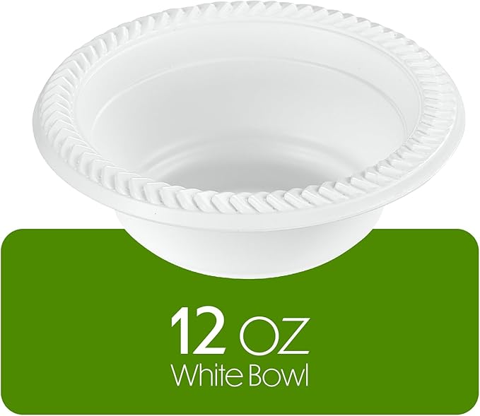 PLASTICPRO 100 PCS White Plastic Soup Bowls 12 oz Premium Quality Light Weight Dishes Disposable Plastic Bowls for Parties Weddings