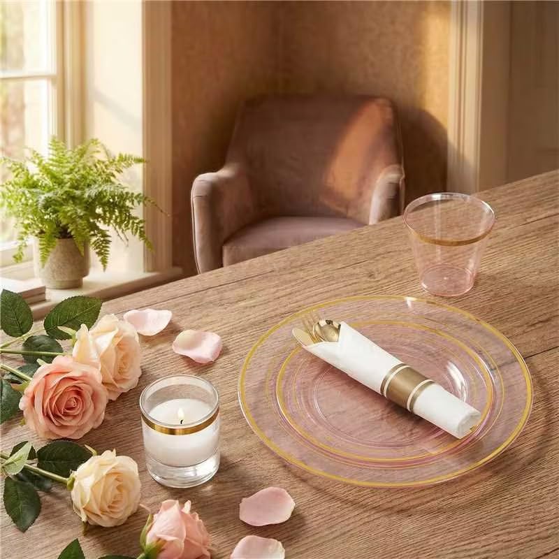 WELLIFE 210Pcs Clear-Pink Plastic Dinnerware- Pink and Gold Plastic Dinnerware include 30 Dinner Plates, 30 Dessert Plates, 90 Gold Silverware, 30 Cups and 30 Napkins Perfect for Parties - Image 4