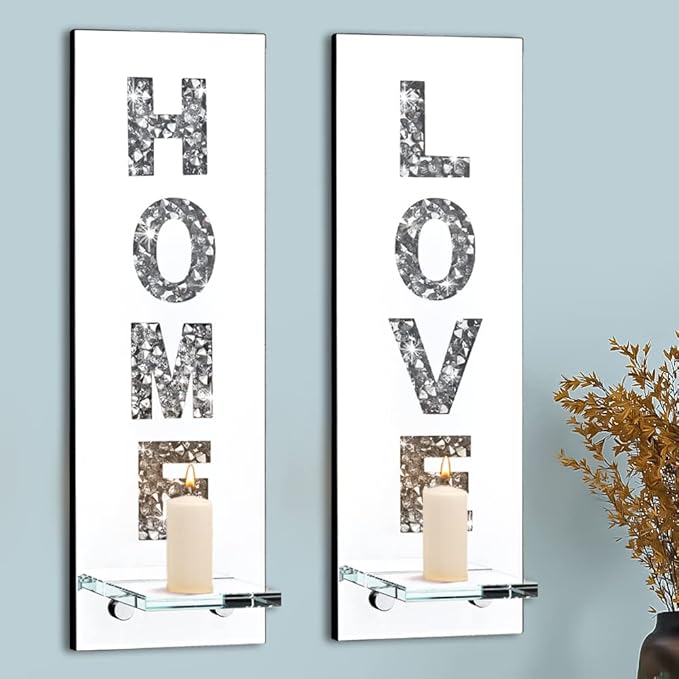 Pibeyer Crystal Crush Diamond Wall Candle Holder Set of 2, Silver Mirrored Candle Sconces Wall Decor, Love & Home Letter Home Decoration for Living Room，Dining Room and Bedroom
