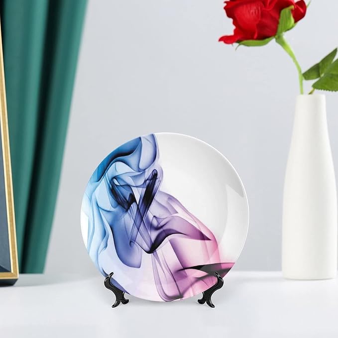 Ceramic Display Plate, Abstract Decor Ceramic Hanging Decorative Plate, Colorful Smoke Dynamic Flow Swirl Contemporary, 10 Inch, Living Room Kitchen Decoration Household, Fuchsia Blue