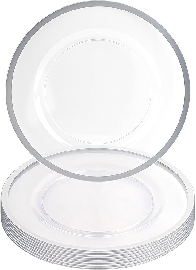 PARTY BARGAINS 13-Inch Charger Plates - 8 Pack, Clear Silver Rim, Heavy-Duty Disposable Chargers for Elegant Dining - Ideal for Weddings and Formal Events
