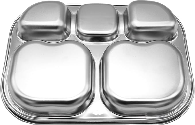 Korean Stainless Steel Divided Plates for Toddlers, Kids, Babies, Premium 304, Electro-Polished, No Black Residue, BPA-Free, 5-Compartment Food Tray, Camping, Picky Eaters, Set of 2