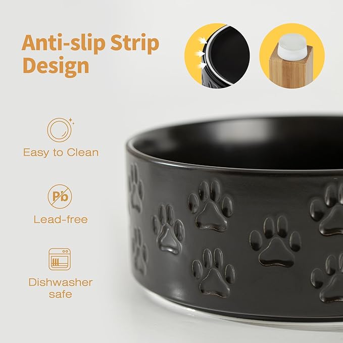 Elevated Ceramic Dog Bowls 2 Pack, 7.3“ Individual Dog Bowl Stand for Medium Dogs, 8.1" Tall Non-Slip Bamboo Stand, Dishwasher Safe (Double Bowls + Double Stands - Black, 7.3 inch)