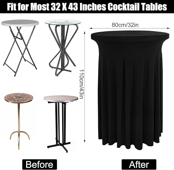 4 Packs 32 x 43 Inch Spandex Round Cocktail Table Skirts with Wavy Drapes Stretch Cocktail Tablecloth Fitted High Top Tables for Wedding Bar Party Banquet (Black)