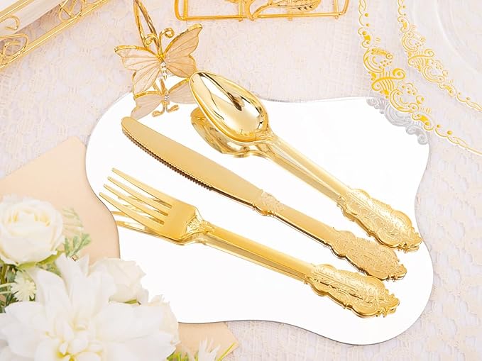 Hioasis 210pcs Clear and Gold Plates - Clear Party Plates for 30 Guest, Include 60 Heavy-duty Plates(20% Thicker Than Standard), 30 Pre Rolled Gold Plastic Silverware Set, 30 Cups