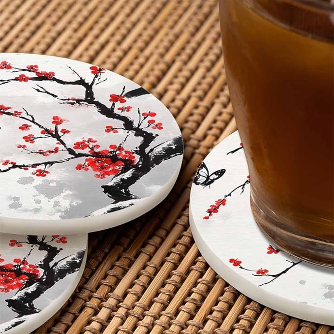 Cherry Branch Drink Coasters Modern Foliage Butterfly China Classic Blossoming Oriental Ink Culture Housewarming Presentss for New Home Present for Friends,2 Pcs,4 X 4 X 0.35 Inches