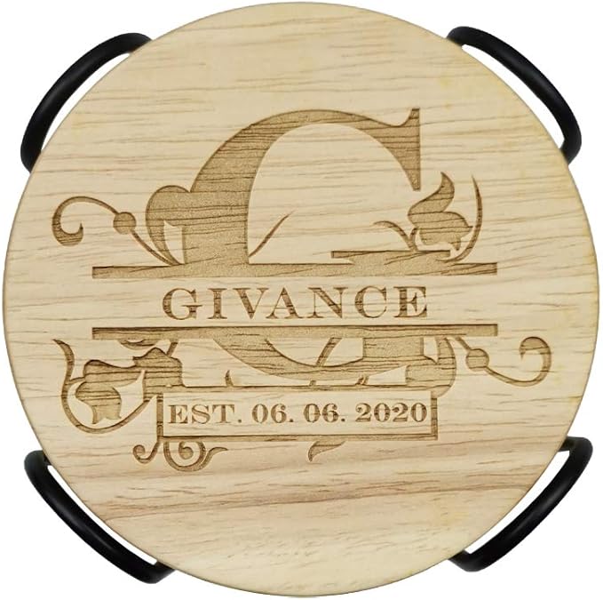 Personalized Wooden Coasters, Custom Engraved Monogram Coasters - Set of 6 (XL)