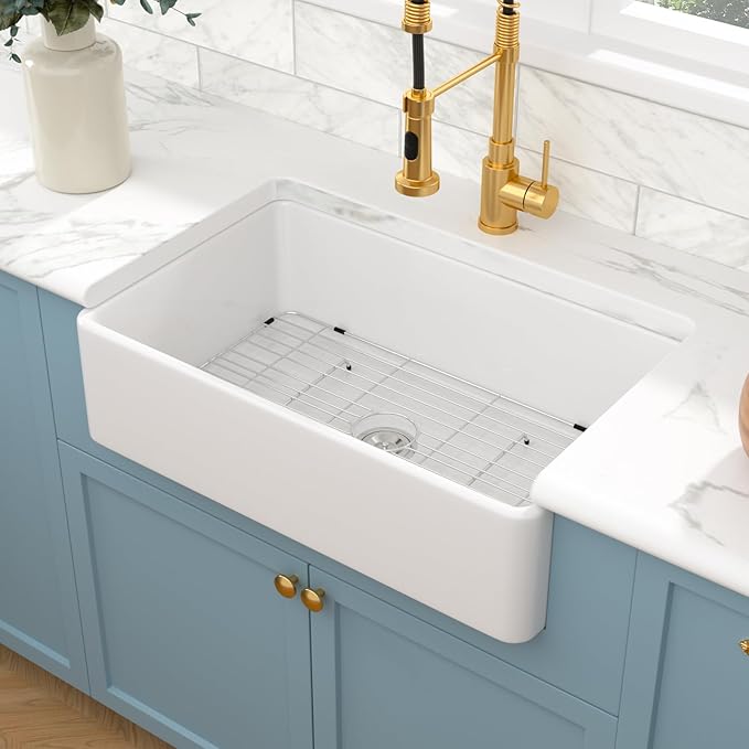 Sarlai White Farmhouse Kitchen Sink - 33x20 Inch Farmhouse Kitchen Sink Flat Apron Front White Ceramic Sinks Single Bowl Farm Farmer Sinks Porcelain Fireclay Basin