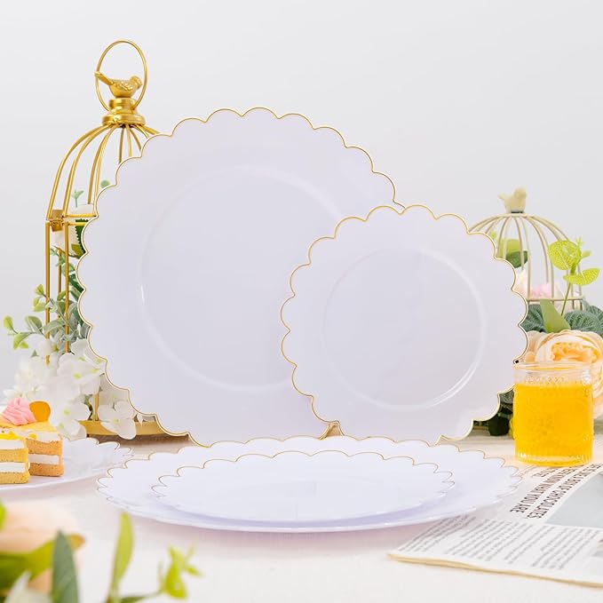 LIYH 120 Pcs White Plastic Scalloped Plates - Gold Fancy Disposable Plastic Plates Includes 60 Dinner 10.25" & 60 Dessert Plate 7.5" Elegant Gold Rim for Party Birthday Valentines Day
