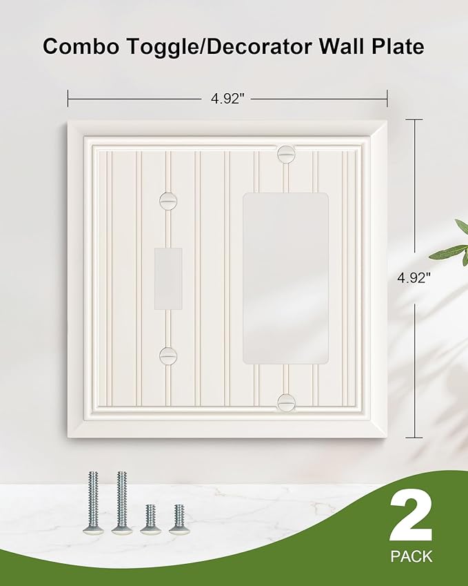 2-Pack Classic Beadboard Combo Toggle/Decorator Light Switch Cover Plate, Light Almond Decorative Electrical Outlet Covers, Durable Natural Bamboo Fiber Switch Plates and Outlet Covers