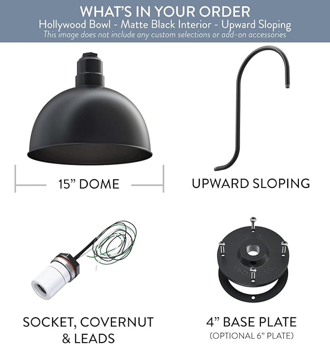Steel Lighting Co. Hollywood Bowl Light | Outdoor Wall Mounted | 15 inch Bowl Dome | Upslope Gooseneck | Barn Light Made in America | Matte Black Exterior/Matte Black Interior