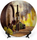 Ceramic Plates, Wine Decorative Ceramic Plates, Red and White Wine Bottle Glass on Wooden, 7 Inch, for Dining, Parties, Wedding, Brown Light Green Yellow