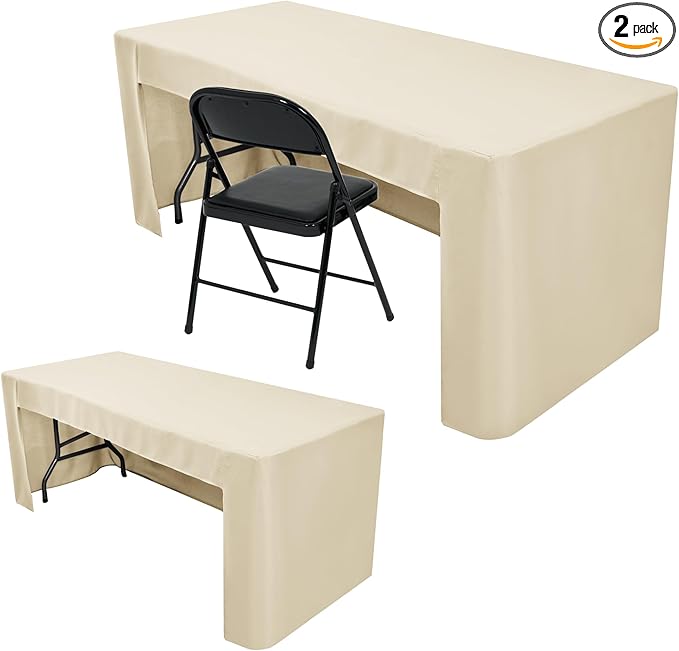 Nasitos 2 Pack Fitted Beige Tablecloth Rectangle for 4ft Table-Open Back Folding Table Cover Washable Fabric Washable and Wrinkle Resistant Tablecloth, Trade Show, Parties, Wedding, Jewelry Shows