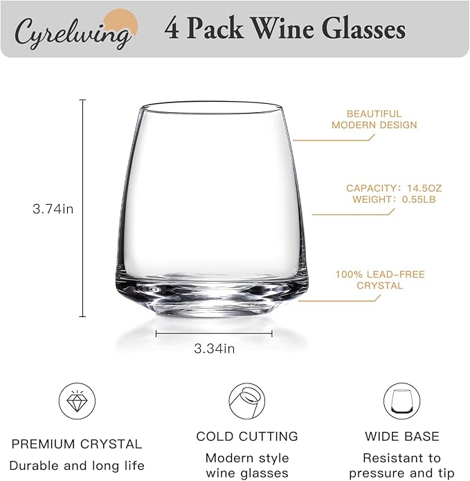 Stemless Wine Glasses Set of 4-14.5oz Hand Blown Heavy Red White Wine Glasses Unique gifts for him/her wedding, birthday, Mother's/father's day, anniversary