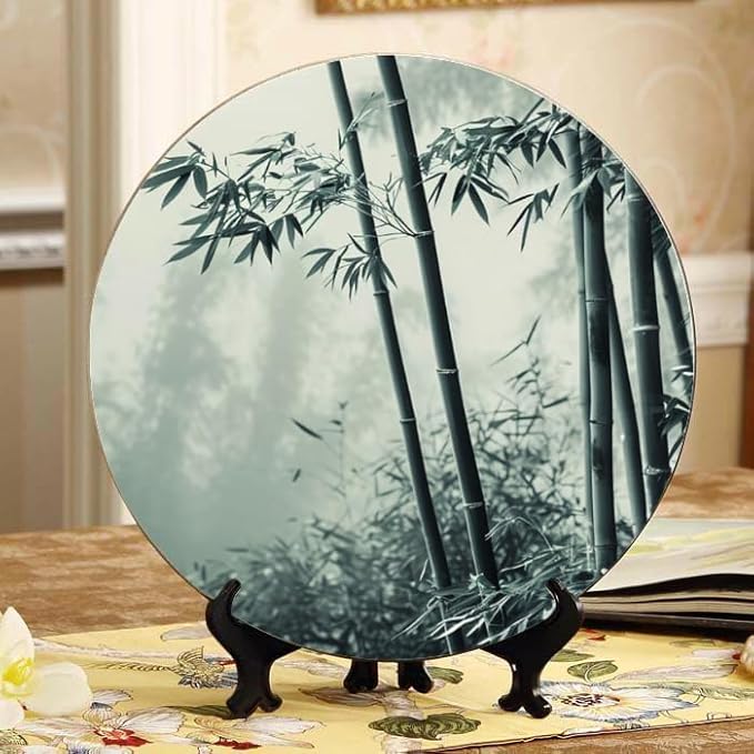 10 Inch Monochrome Bamboo Sanctuary Decorative Ceramic Plates with Display Stand Ideal for Household Wall Hanging and Decor DP-029497059