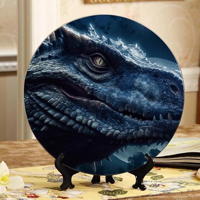 Dinosaur Night Sky Stars 10-inch Ceramic Decorative Plate Suitable for Living Room, Kitchen & Office, with Stand & Wall Mount Option DP-287991294