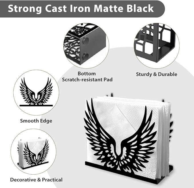 Feathered Wings Decorative Black Metal Napkin Holder for Table, 4.9" x 4.3" x 1.9" Bird Wings Standing Napkin Holder for Home Kitchen Restaurant Picnic Party Coffee Bar Dining Room