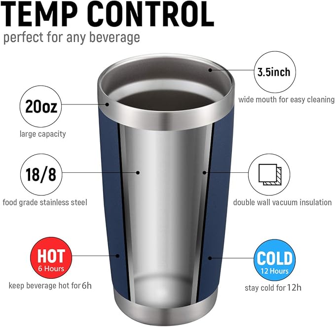 COMOOO 20oz Navy Double Wall Vacuum Insulated Travel Mug, Stainless Steel Tumbler with Lid, Durable Powder Coated Insulated Coffee Cup for Cold & Hot Drinks, 1 Pack