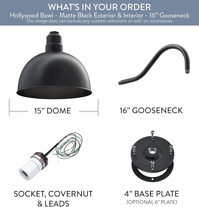 Steel Lighting Co. Hollywood Bowl Light | Outdoor Wall Mounted | 15 inch Bowl Dome | 16 inch Gooseneck | Barn Light Made in America | Matte Black Exterior/Matte Black Interior