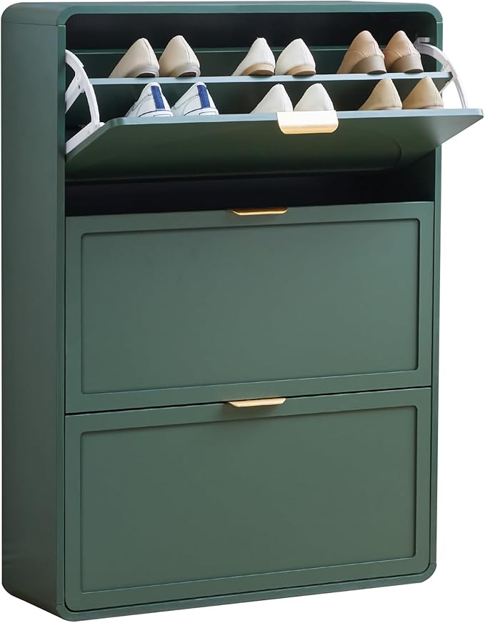 Narrow Hidden Shoe Organizer Cabinet Storage for Entryway, Modern Slim and Skinny Shoe Rack Cabinet with Flip Drawers for Entrance, Hallway - Green