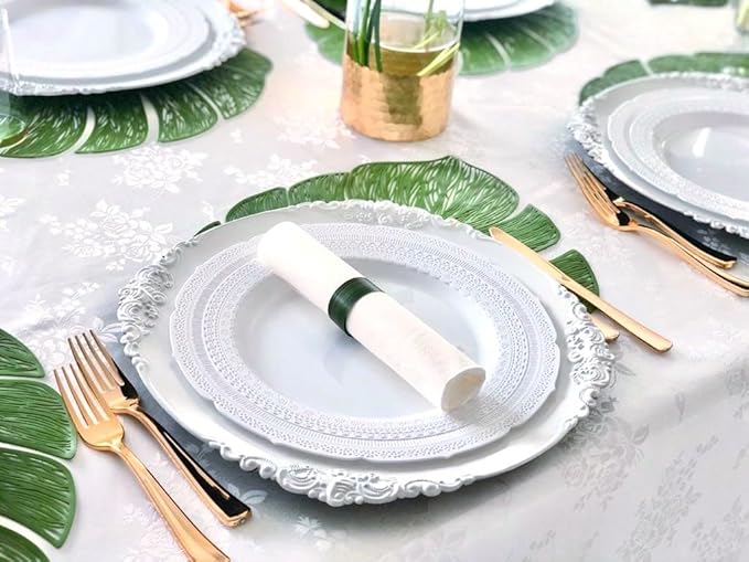 " OCCASIONS " 50 Plates Pack (25 Guests)-Extra Heavyweight Vintage Wedding Disposable/Reusable Plastic Plates -25x11'' Dinner + 25x8.25'' Salad/Dessert (Chateau Collection White)