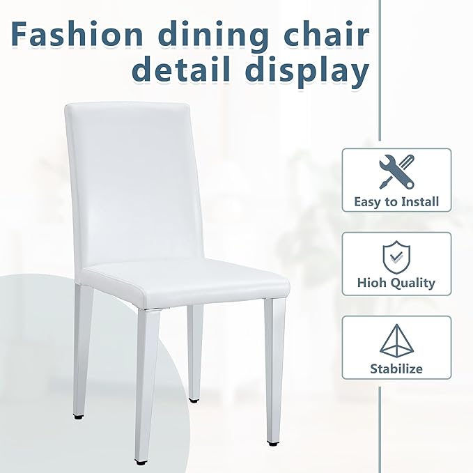 White Dining Chairs Set of 4,Faux Leather with Chrome Plate Metal Legs,Armless Kitchen Room Chairs Set of 4,Max Load 300 Lbs,High Back Modern Design for Home Kitchen Living Room Bedroom