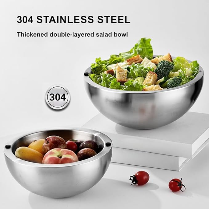 304 Stainless Steel Insulated Salad & Dipping Bowl, Two Hot/Cold Water Inlets to Keep Food Hot or Cold Suitable for Picnics, Salad Making and Dipping (70 oz)