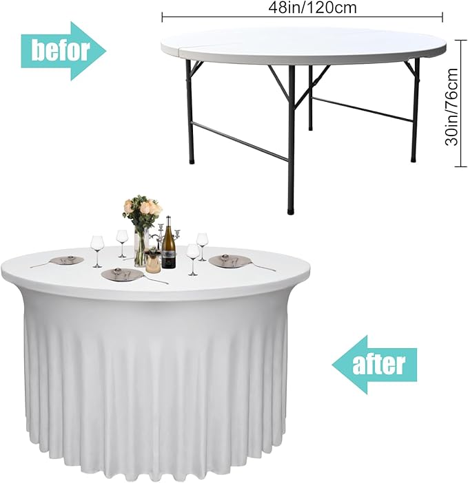 6 Pack 48" Diameter x 30" Height White Table Skirt | Fits 4FT Round Tables |Polyester Spandex Round Table Cloths with Skirt|Stain 、Wrinkle Resistant、 for Wedding,Party,Dining,Banquet
