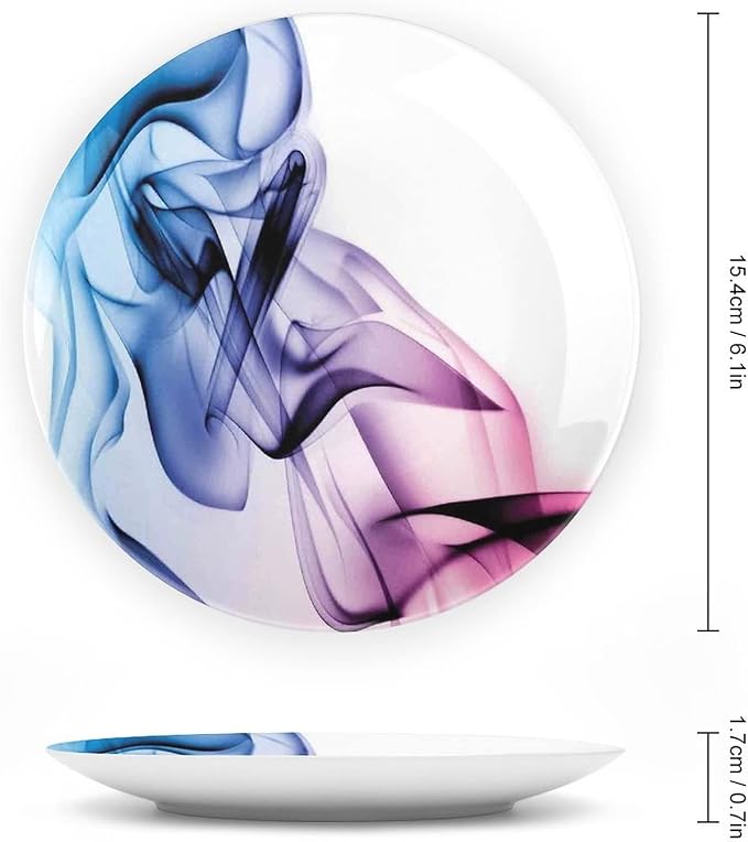 Decorative Plates, Abstract Decor Print Ornament, Colorful Smoke Dynamic Flow Swirl Contemporary, 7 Inch, 1 Plate with 1 Display Stand, Fuchsia Blue