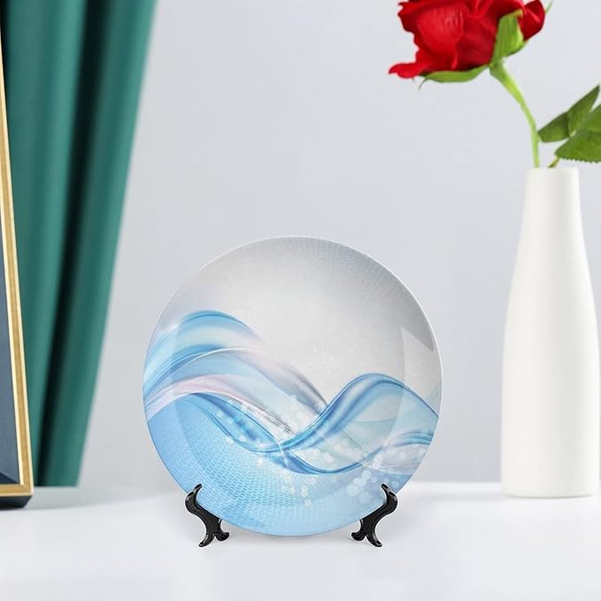 Ceramic Plates, Abstract Decorative Ceramic Plates, Modern Wavy Ocean Surfer Summertime Themed, 8 Inch, for Dining, Parties, Wedding, Pale Blue and White