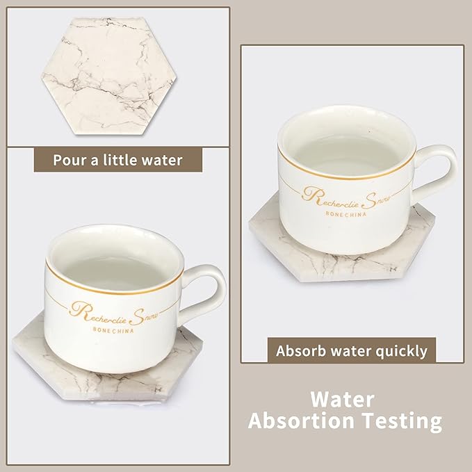 6 Pack Cute Marble Absorbent Stone Coaster Set with Holder Cool Cork Coster Modern White Ceramic Coasters Bar Desk Cup Drink Coasters Funny Coffee Table Decor Kitchen Unique Coster posavasos