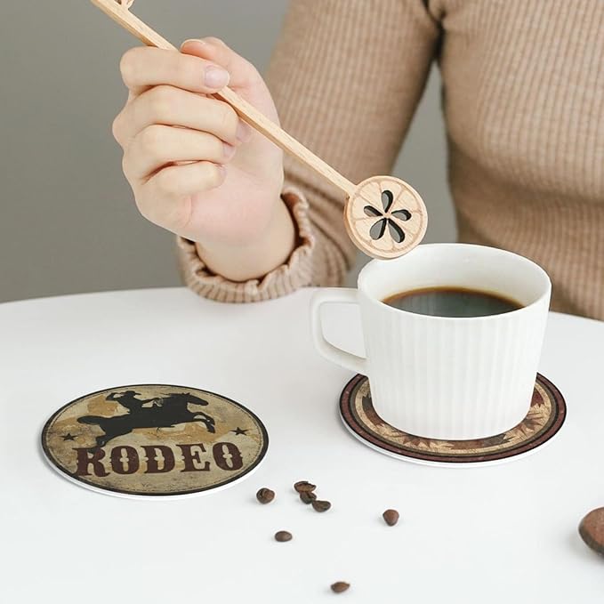 Western Cowboy Coasters for Drinks with Holder Round Leather Coasters Set of 6 Cups Mugs Mat Pad for Home Kitchen Bar