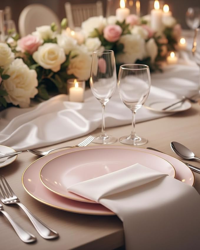 PULOTE 100PCS Pink Plastic Plates - Heavy Duty Pink and Gold Disposable for Party, Wedding, Valentines & Galentines Day, Include 50 Each (Dinner & Dessert) Plates
