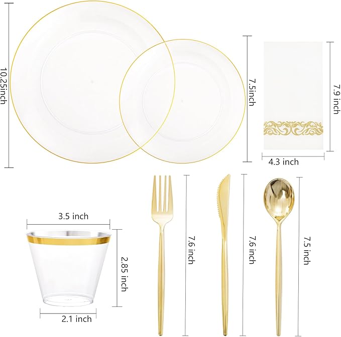 MirthMood 210Pcs Clear and Gold Plates for 30 Guests, Plastic Plates for Party, Includes:30 Dinner, 30 Dessert, 30 Paper Towels with 90 Silverware & 30 Cups