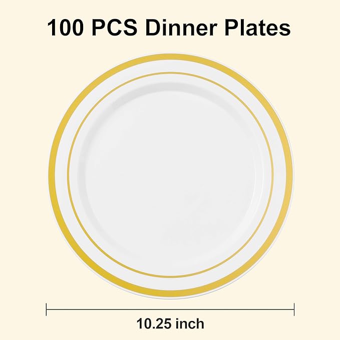 BESTSTAR 100PCS White Plastic Plates for Party, 10.25 Inch Disposable Plates with Gold Rim, Heavy Duty Dinner Plates for Christmas, Party, Wedding and Birthday